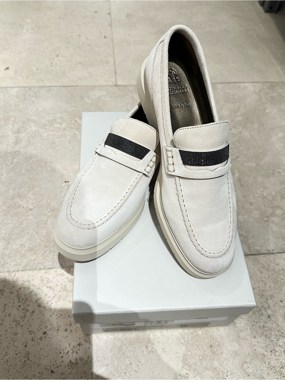 Brunello Cucinelli Cream Suede Loafers with Black Band